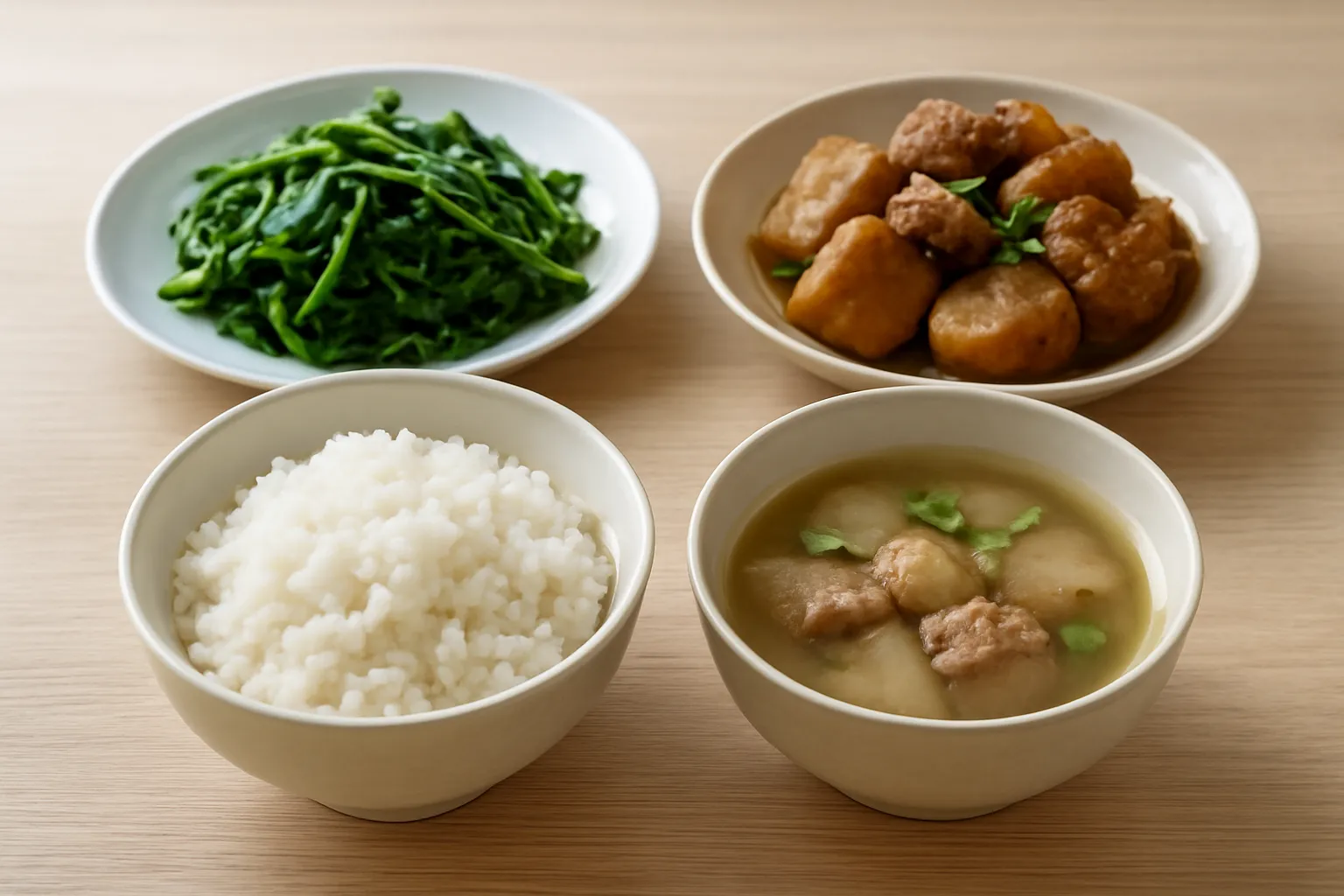 Bữa cơm gia đình đơn giản với cơm, canh, đĩa rau và một món kho