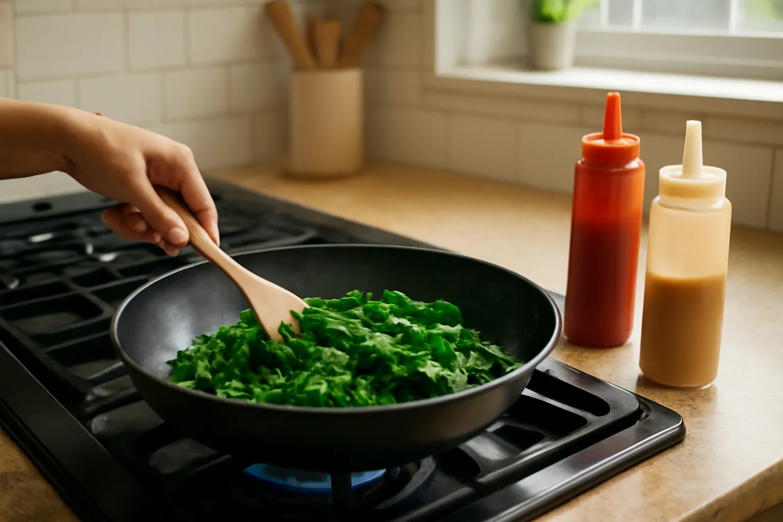 Người đứng bếp đảo chảo rau, bên cạnh là hai chai gia vị