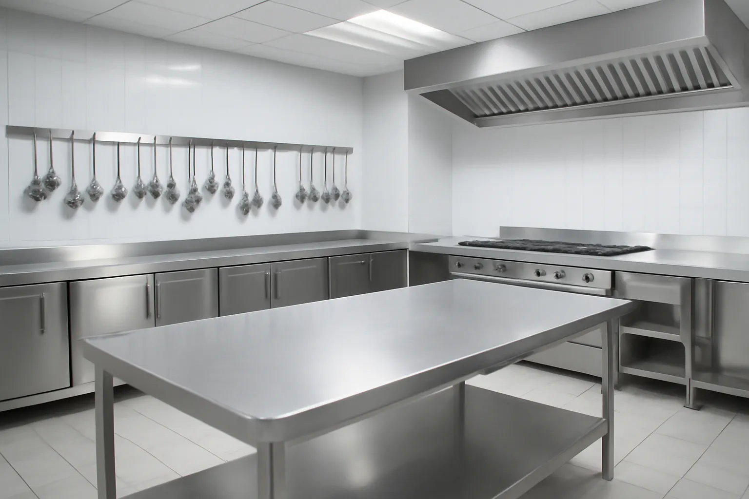 Gian bếp chuyên nghiệp với bếp inox và dụng cụ treo trên tường