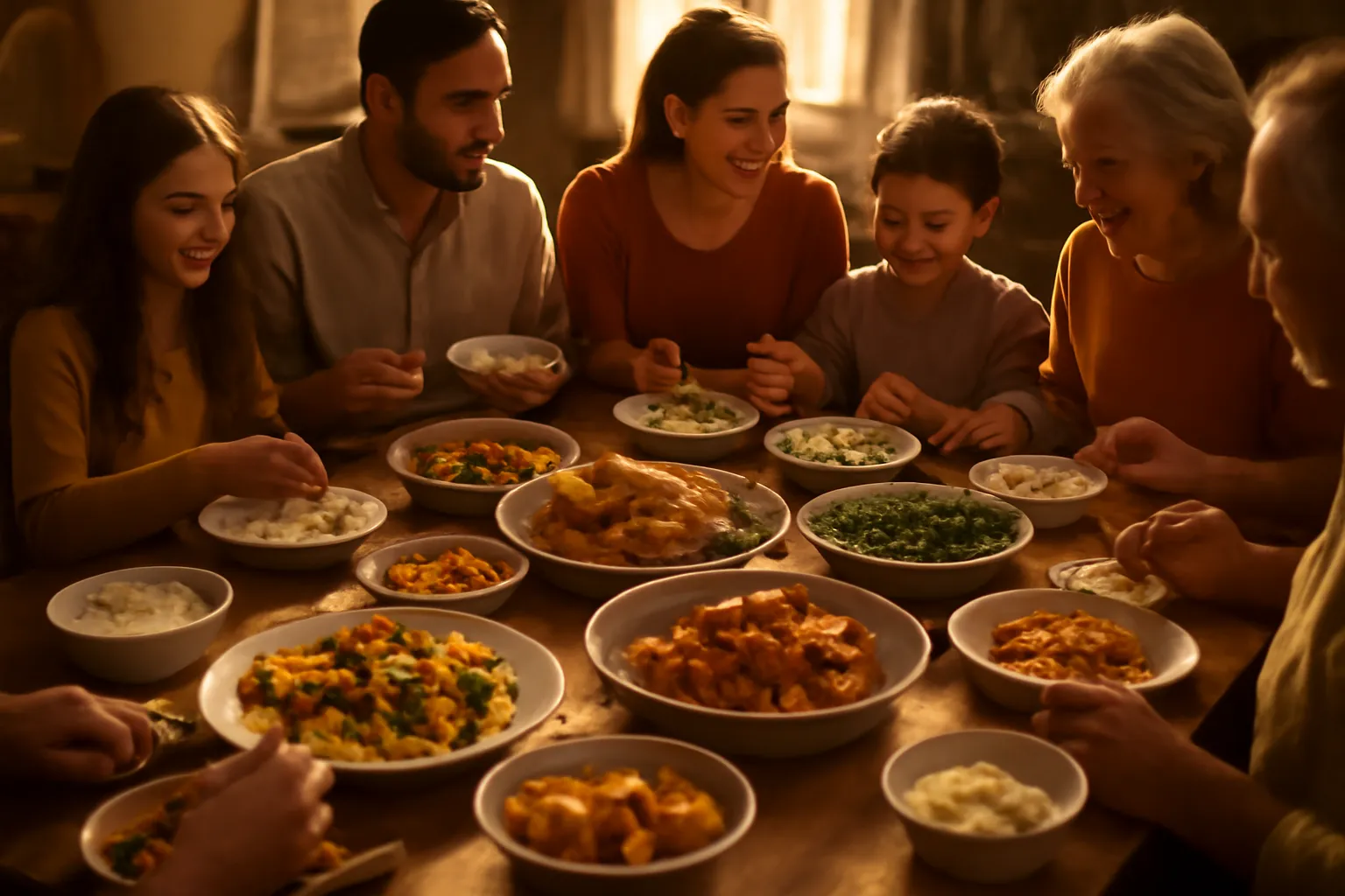 Mâm cơm đông người với nhiều đĩa và nhiều bát nhỏ xung quanh