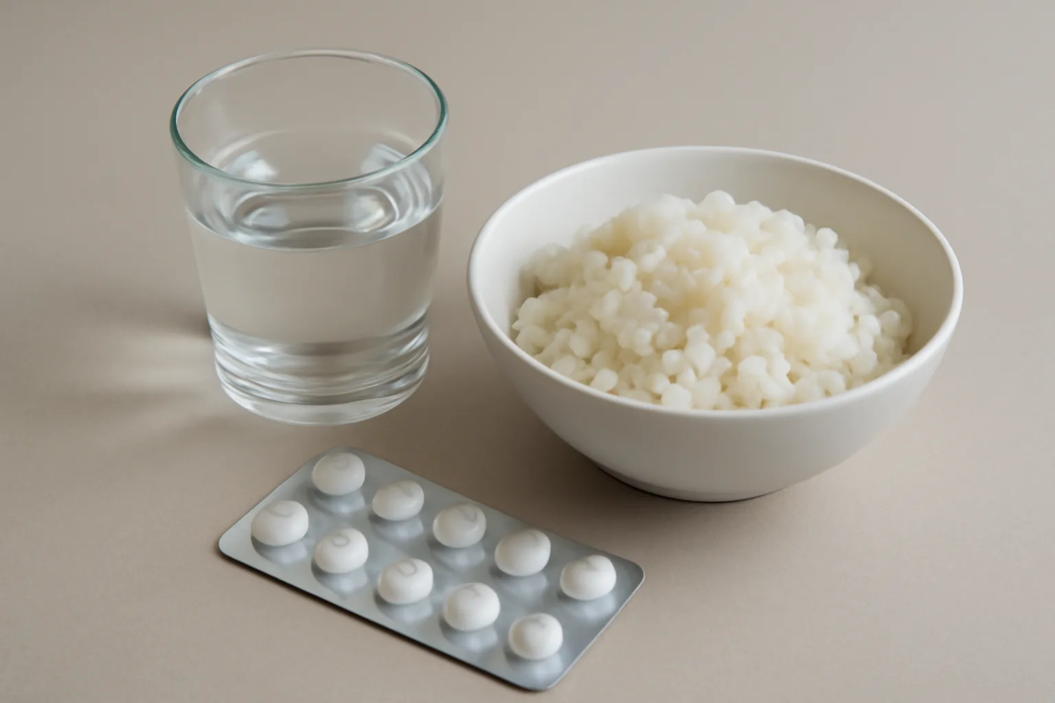 Vỉ thuốc và một ly nước đặt cạnh cuốn sổ nhỏ trên bàn